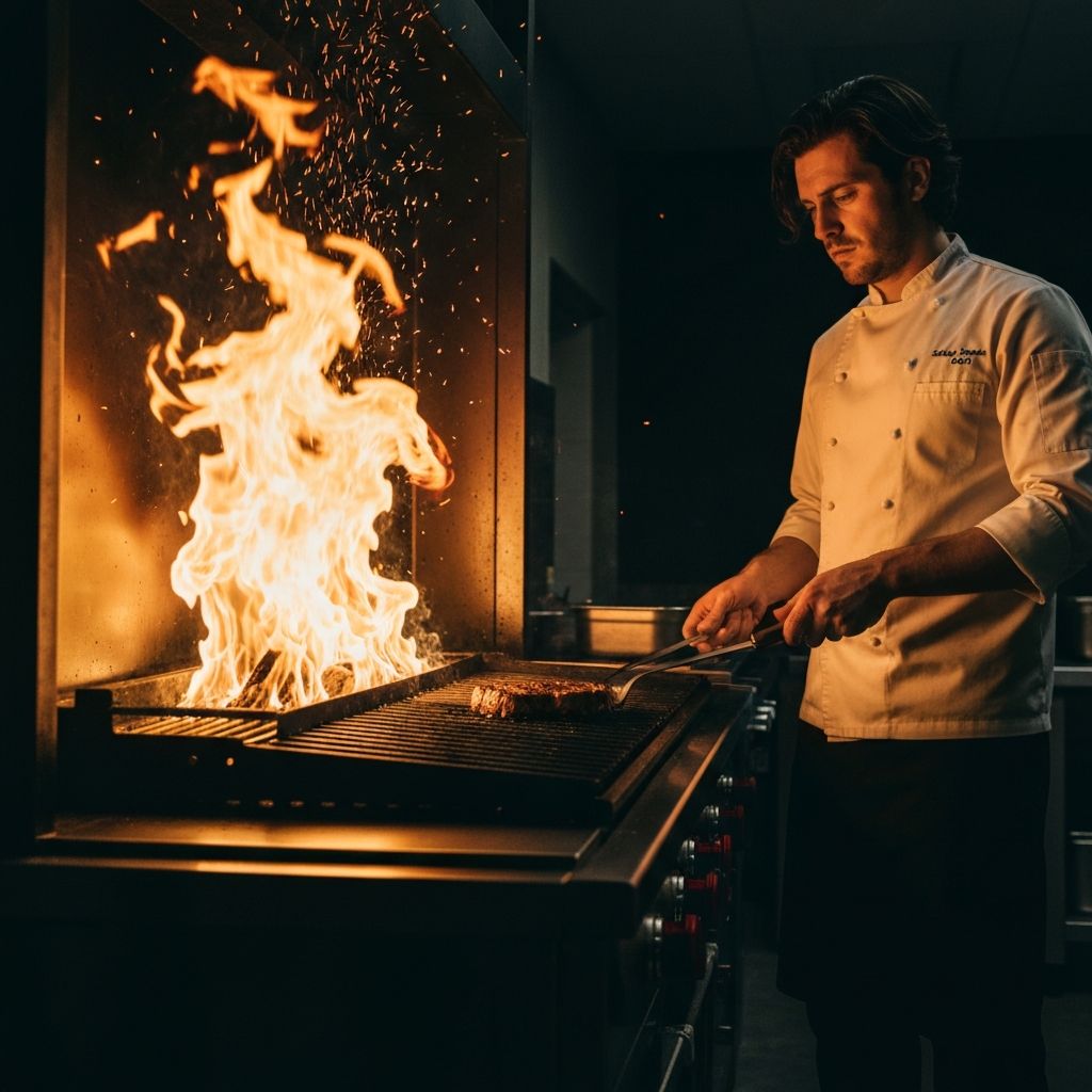Chef cooking over flames